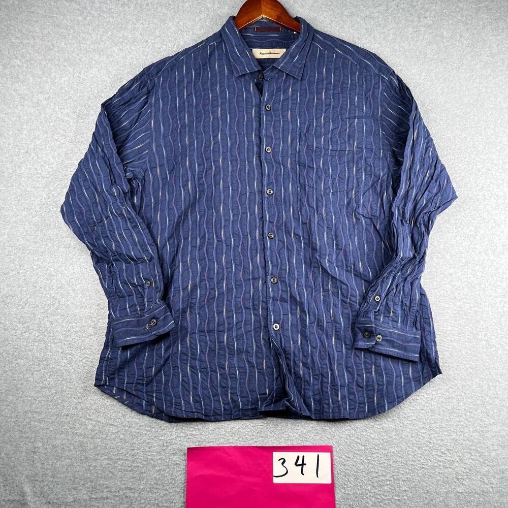 Tommy Bahama Shirt XLX Silk Blend Navy Blue Textured Button Up Long Sleeve Mens
